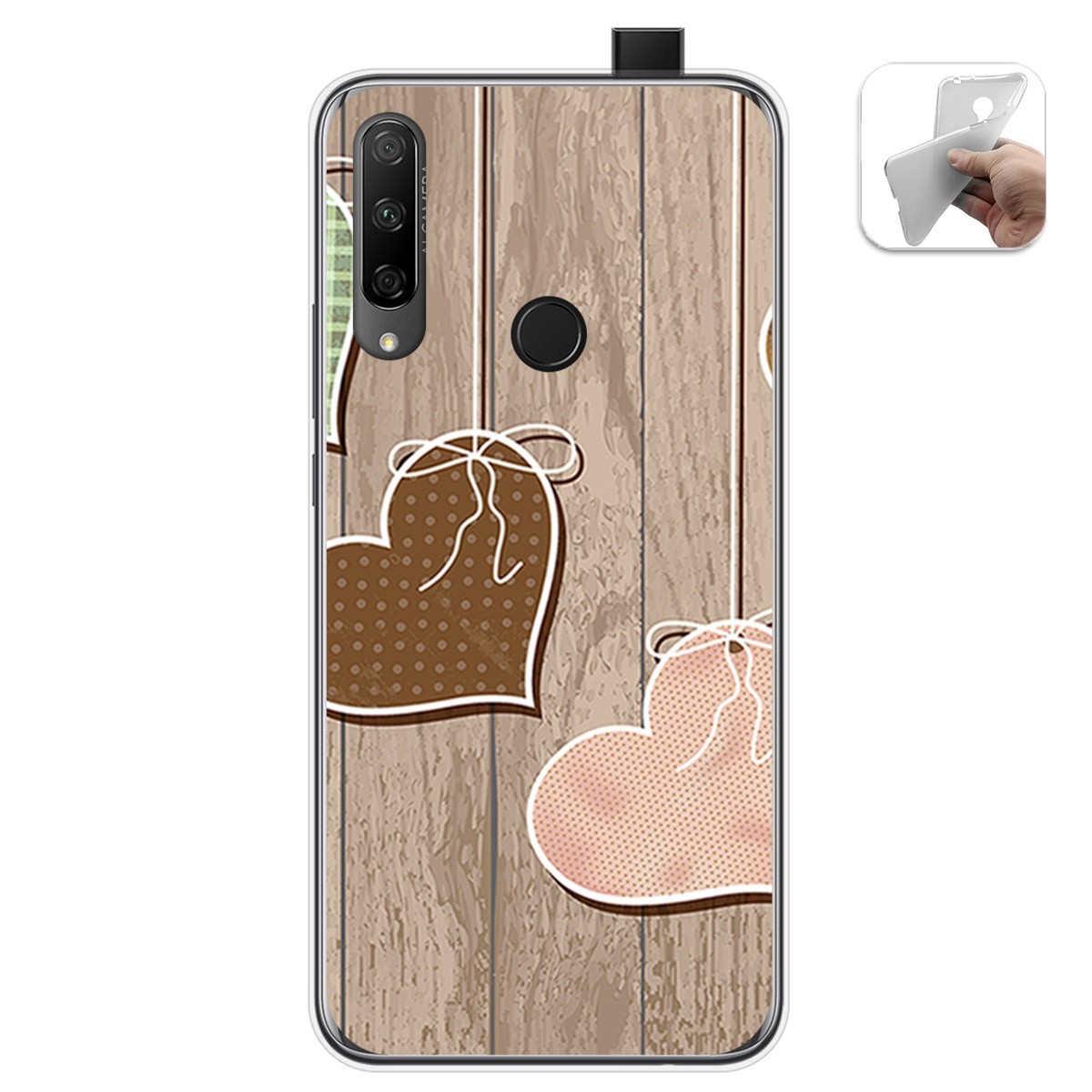 Funda Gel Tpu para Huawei Honor 9X diseño Corazones Madera Dibujos