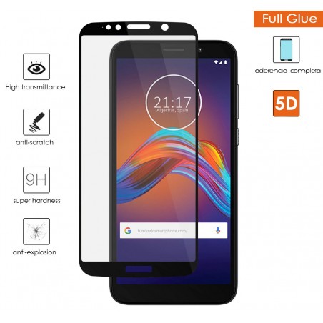 Protector Cristal Templado Completo 5D Full Glue Negro para Motorola Moto E6 Play Vidrio