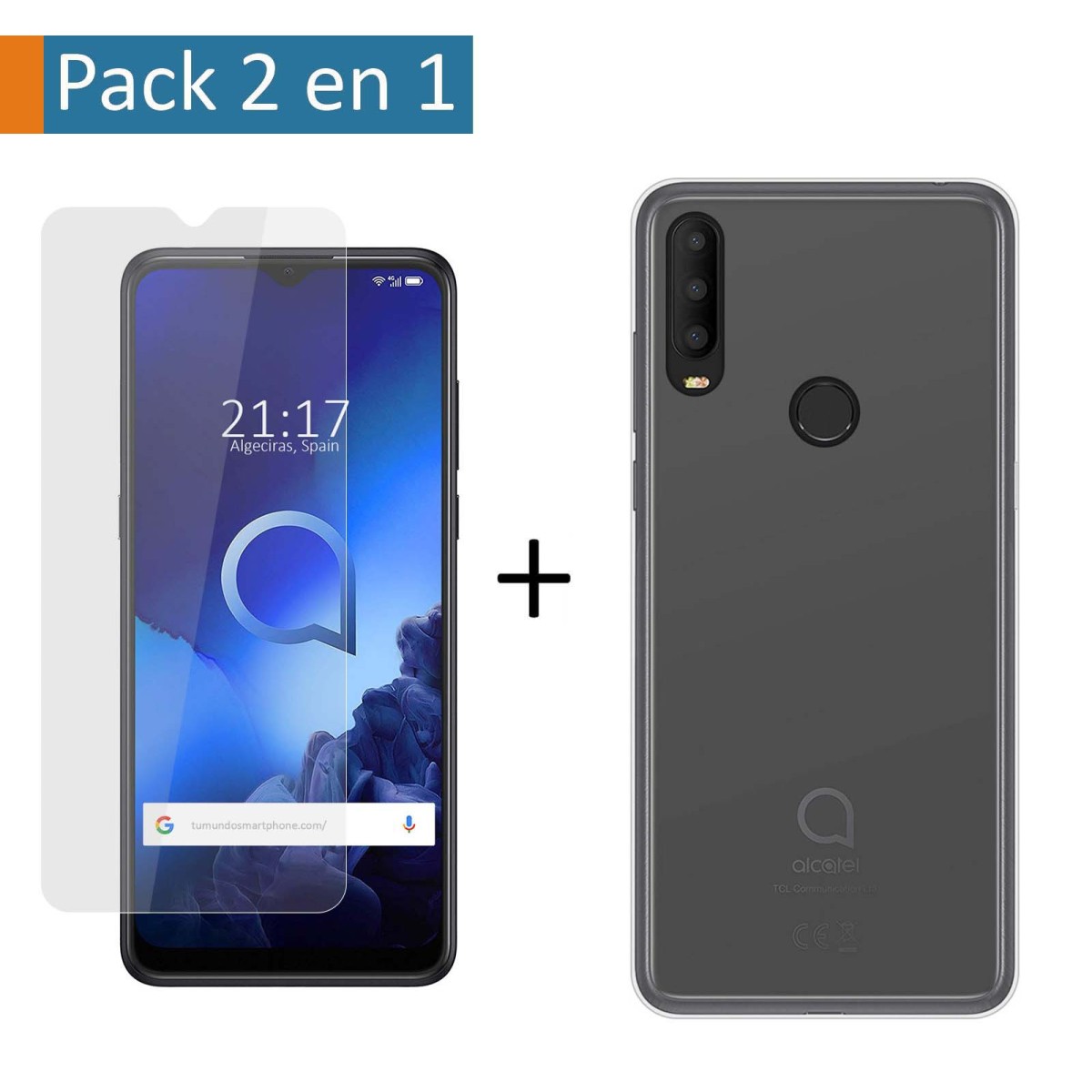 Pack 2 En 1 Funda Gel Transparente + Protector Cristal Templado para Alcatel 3X 2020