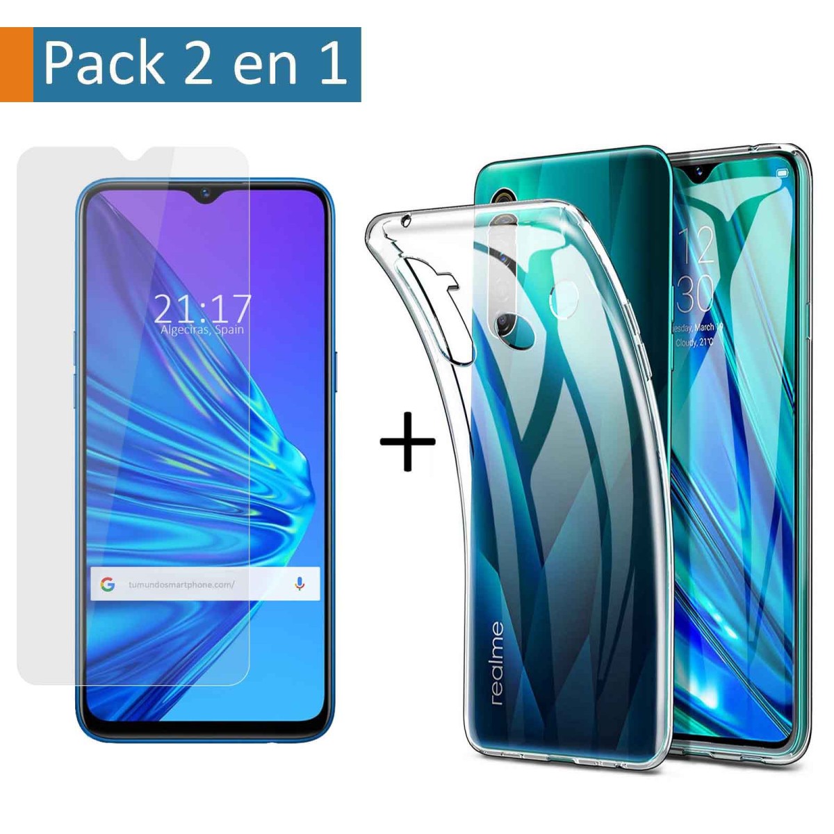 Pack 2 En 1 Funda Gel Transparente + Protector Cristal Templado para Realme 5 / 5s / 5i / 6i