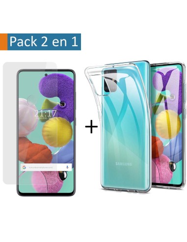 Pack 2 En 1 Funda Gel Transparente + Protector Cristal Templado para Samsung Galaxy A51