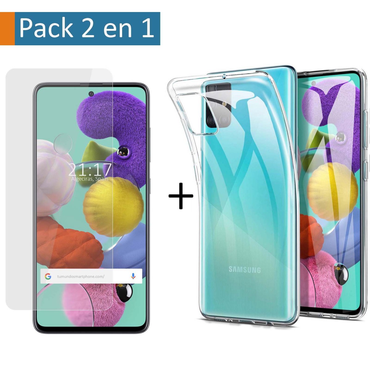 Pack 2 En 1 Funda Gel Transparente + Protector Cristal Templado para Samsung Galaxy A51