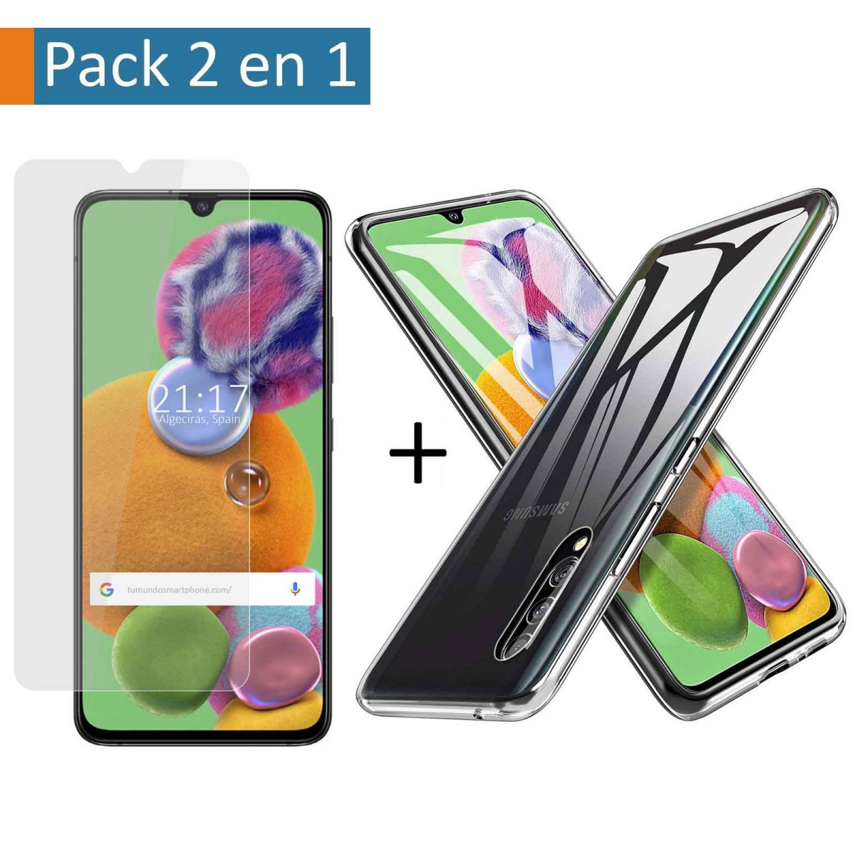 Pack 2 En 1 Funda Gel Transparente + Protector Cristal Templado para Samsung Galaxy A90 5G