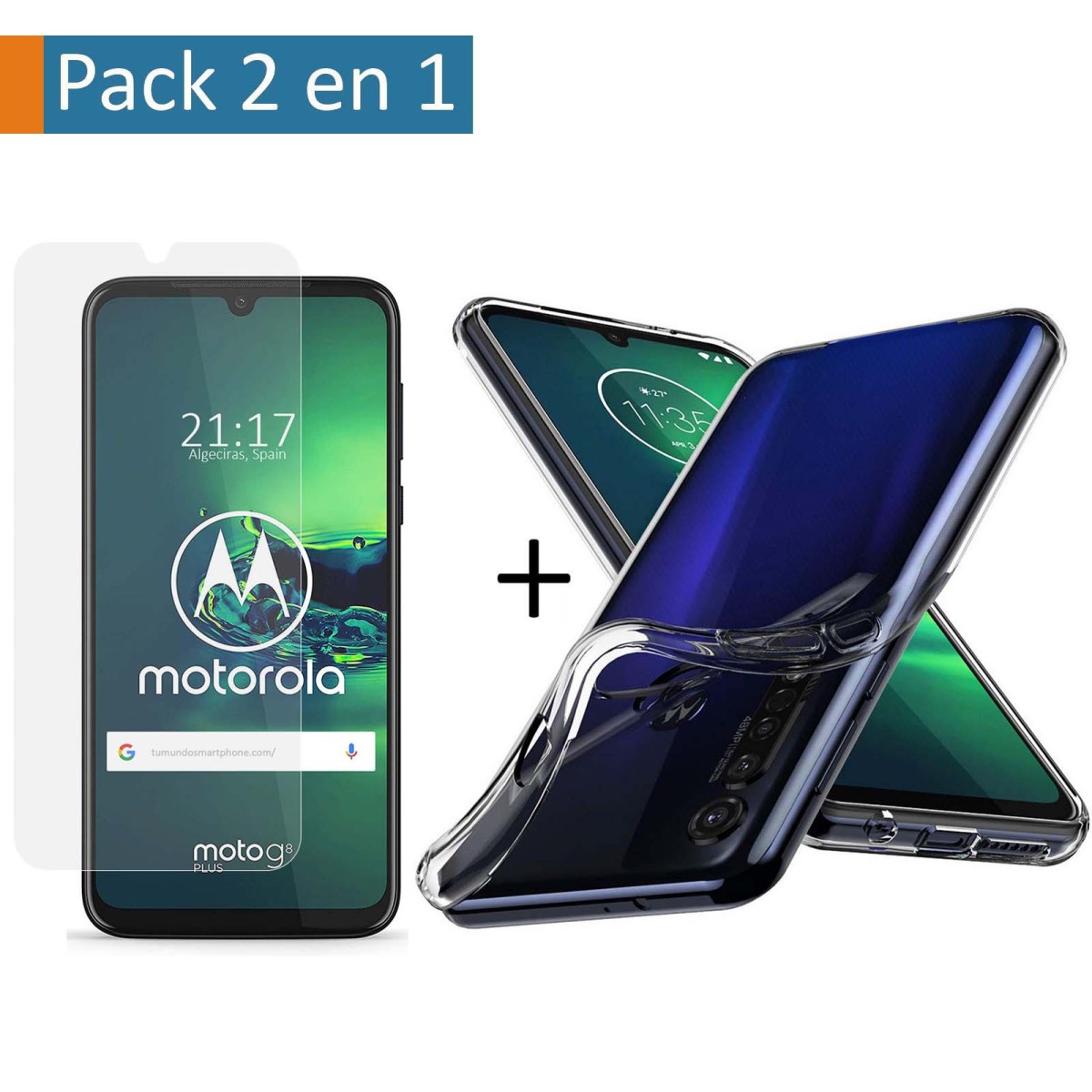 Pack 2 En 1 Funda Gel Transparente + Protector Cristal Templado para Motorola Moto G8 Plus