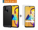 Pack 2 En 1 Funda Gel Tipo Carbono + Protector Cristal Templado para Samsung Galaxy M30s / M21