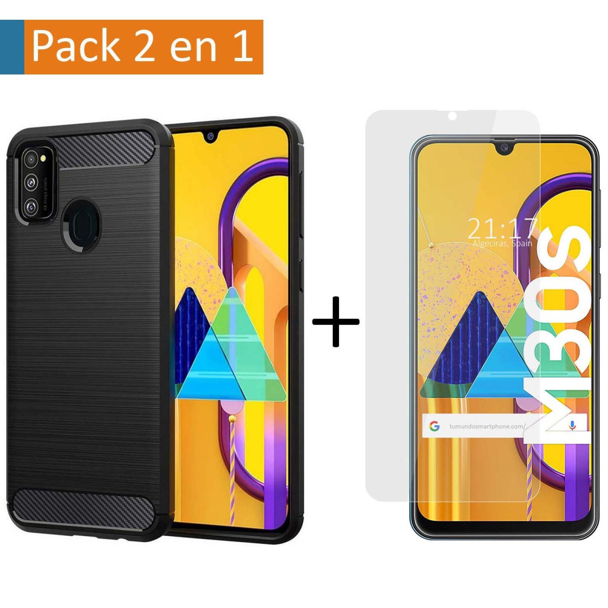 Pack 2 En 1 Funda Gel Tipo Carbono + Protector Cristal Templado para Samsung Galaxy M30s / M21