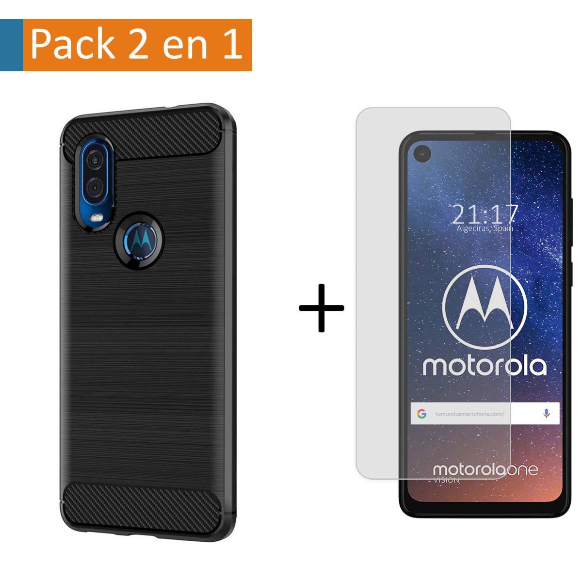 Pack 2 En 1 Funda Gel Tipo Carbono + Protector Cristal Templado para Motorola One Vision
