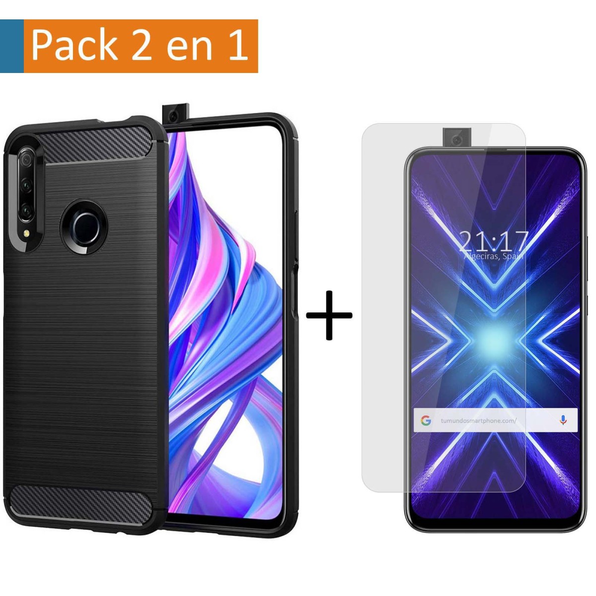 Pack 2 En 1 Funda Gel Tipo Carbono + Protector Cristal Templado para Huawei Honor 9X