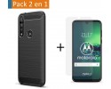 Pack 2 En 1 Funda Gel Tipo Carbono + Protector Cristal Templado para Motorola Moto G8 Plus