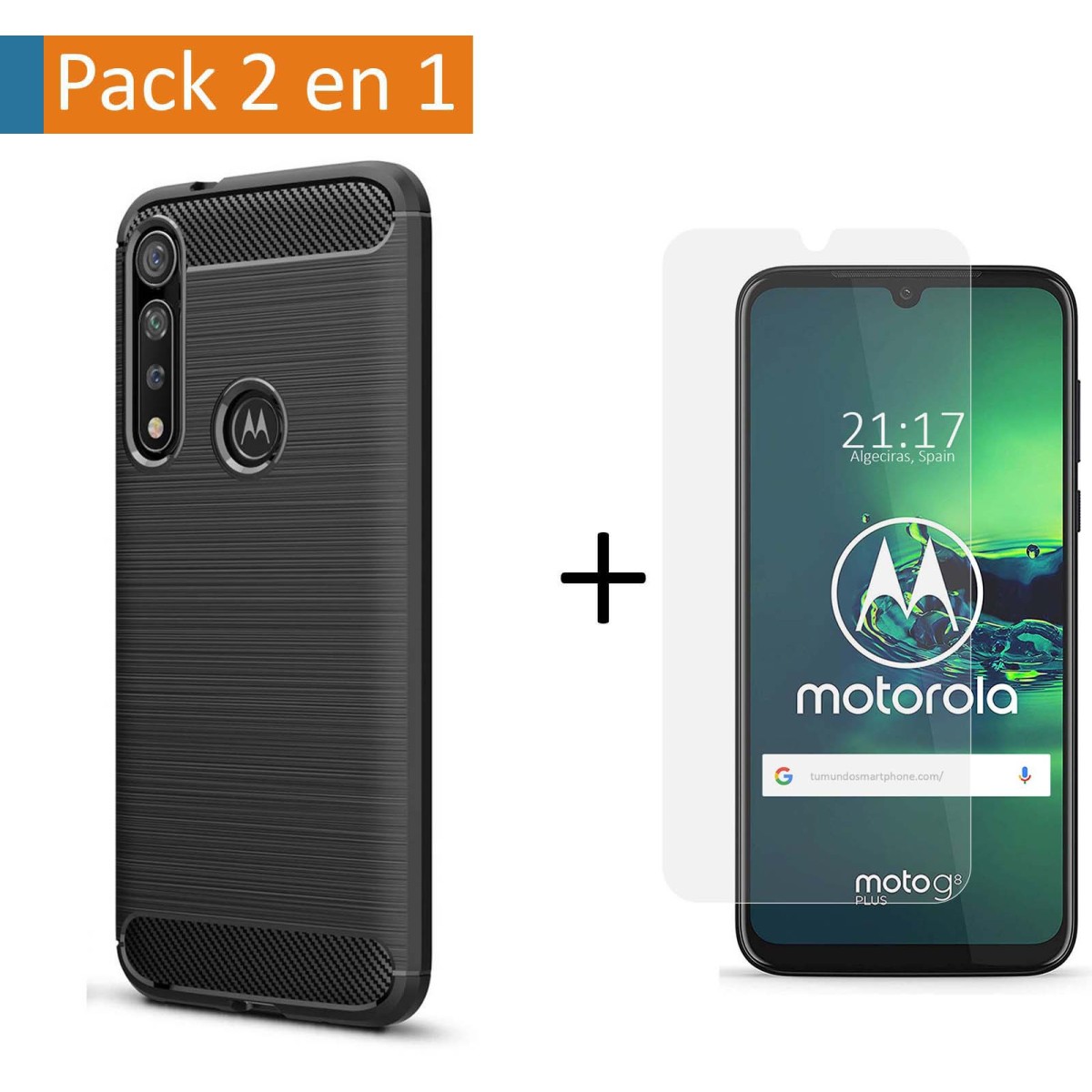 Pack 2 En 1 Funda Gel Tipo Carbono + Protector Cristal Templado para Motorola Moto G8 Plus