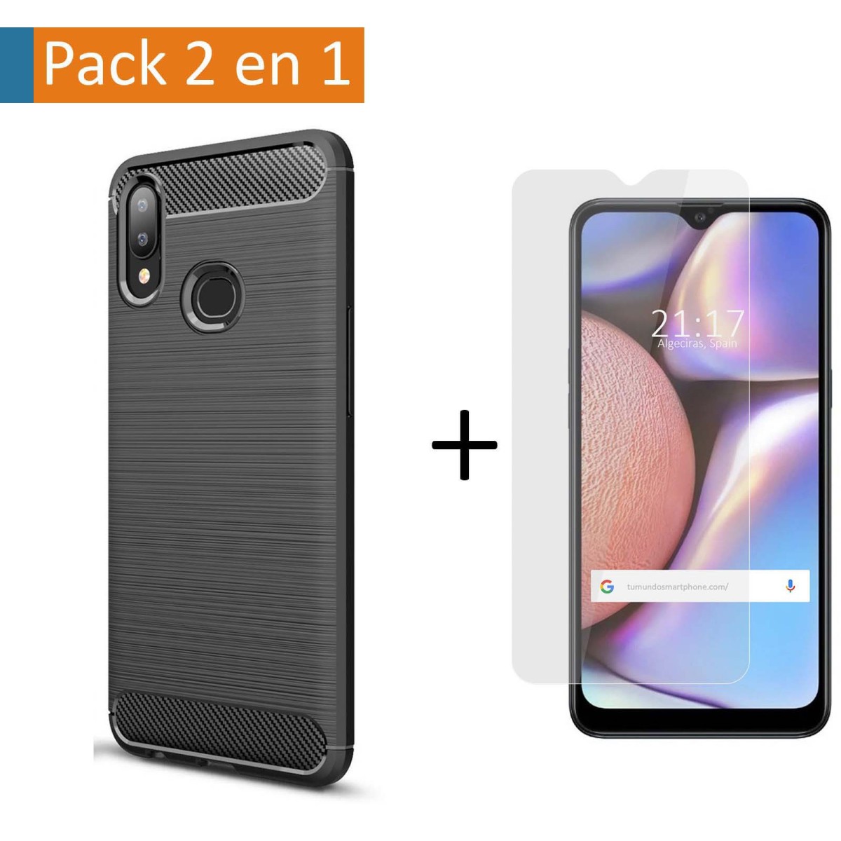 Pack 2 En 1 Funda Gel Tipo Carbono + Protector Cristal Templado para Samsung Galaxy A10s