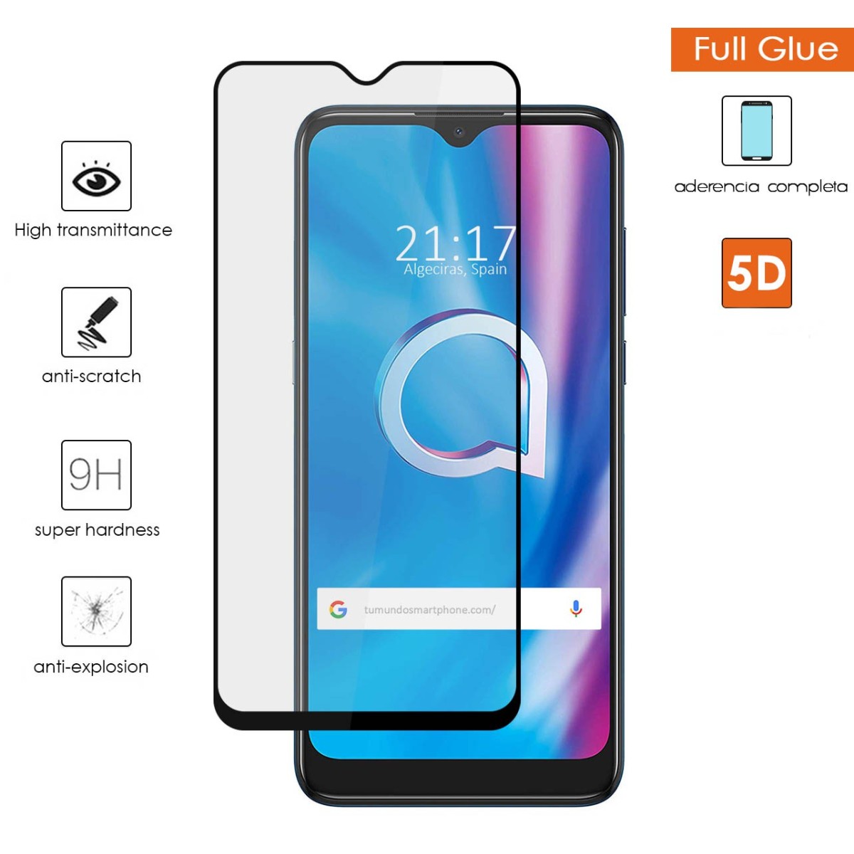 Protector Cristal Templado Completo 5D Full Glue Negro para Alcatel 1S 2020 / 3L 2020 Vidrio