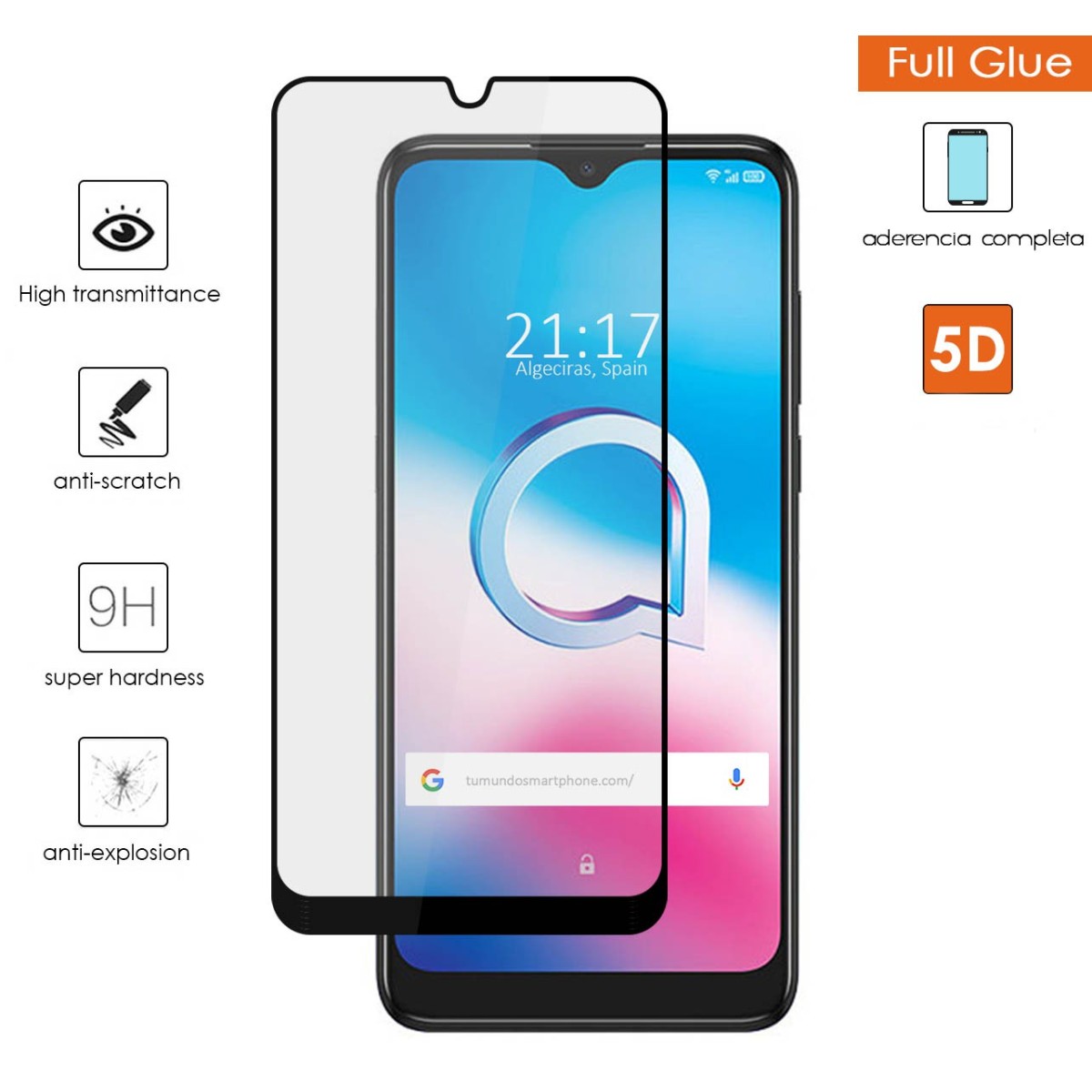 Protector Cristal Templado Completo 5D Full Glue Negro para Alcatel 3L 2020 Vidrio