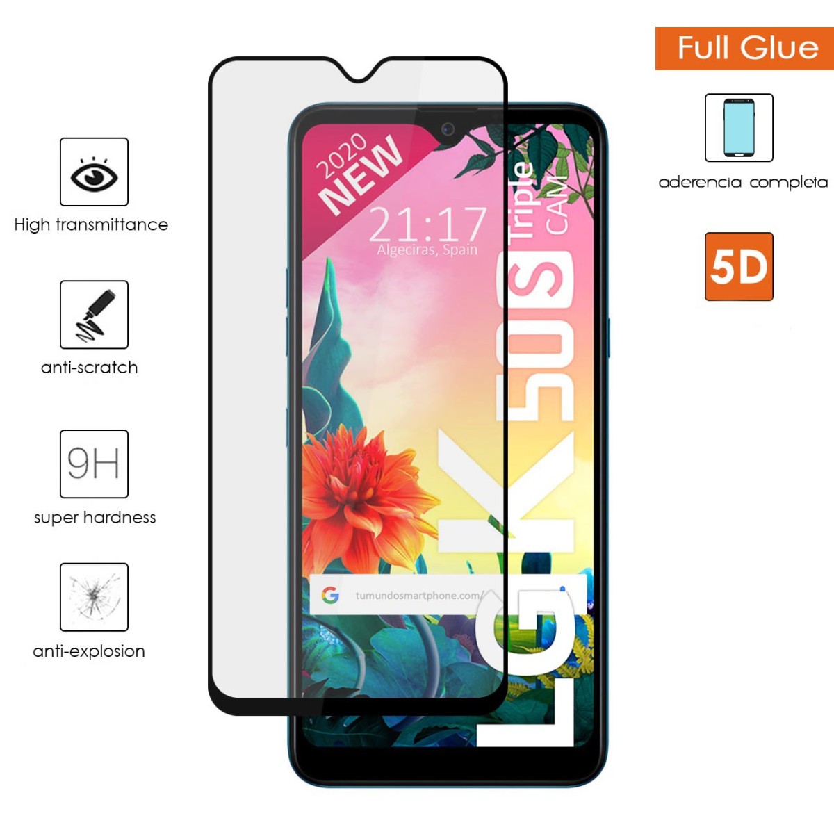 Protector Cristal Templado Completo 5D Full Glue Negro para Lg K50S Vidrio