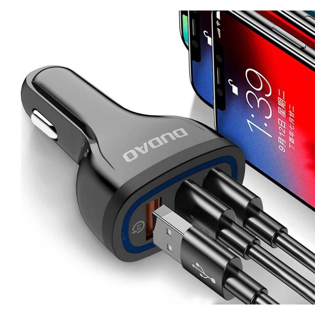 Cargador de Coche Negro 3x USB 2,4A Función Quick Charge 3.0 DUDAO