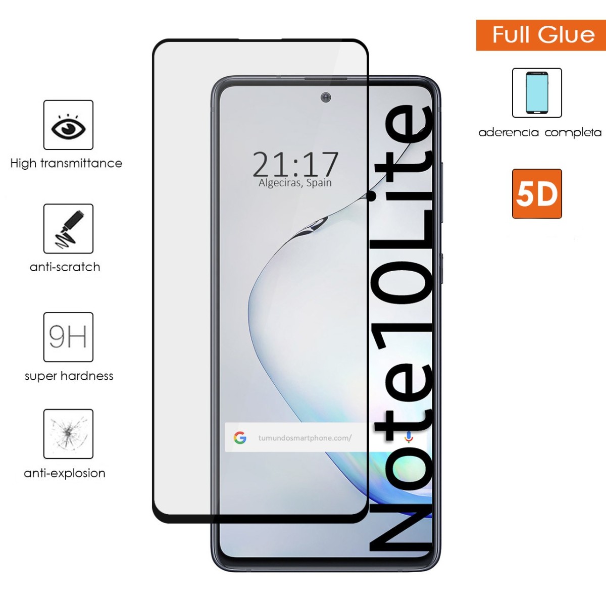 Protector Cristal Templado Completo 5D Full Glue Negro para Samsung Galaxy Note 10 Lite Vidrio