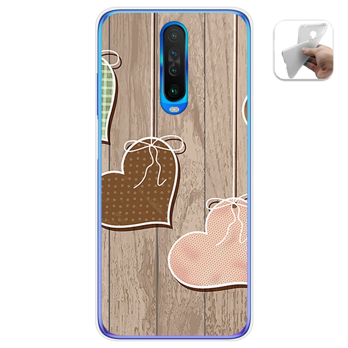 Funda Gel Tpu para Xiaomi Pocophone POCO X2 diseño Corazones Madera Dibujos