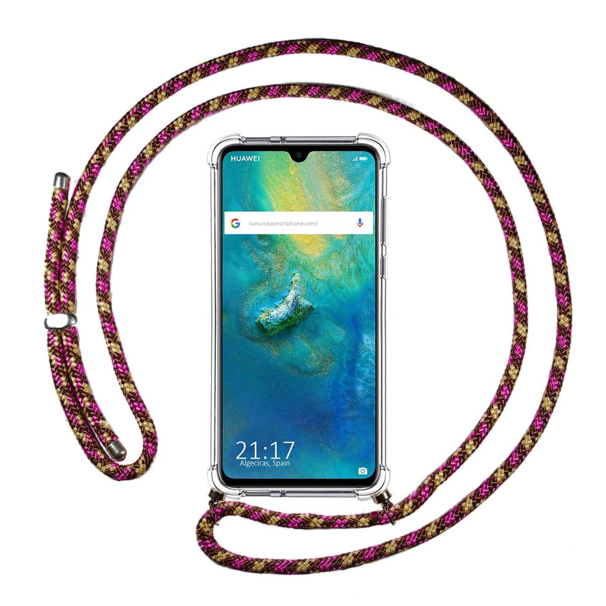 Funda Colgante Transparente para Huawei Mate 20 con Cordon Rosa / Dorado