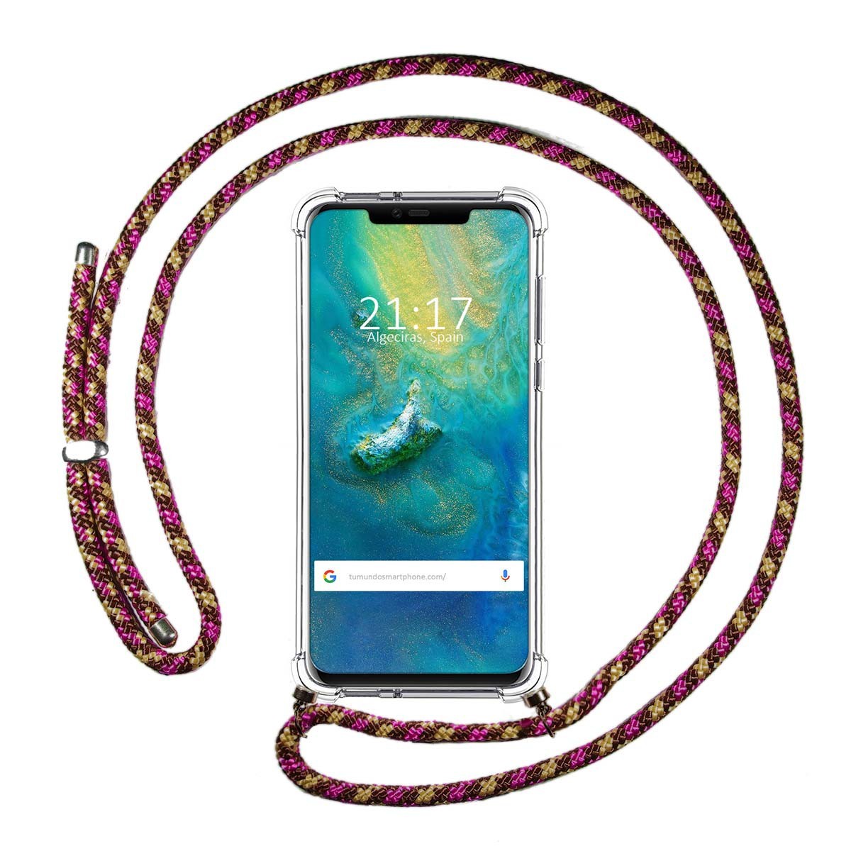 Funda Colgante Transparente para Huawei Mate 20 Pro con Cordon Rosa / Dorado
