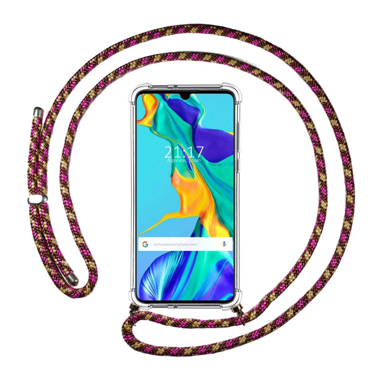 Funda Colgante Transparente para Huawei P30 con Cordon Rosa / Dorado