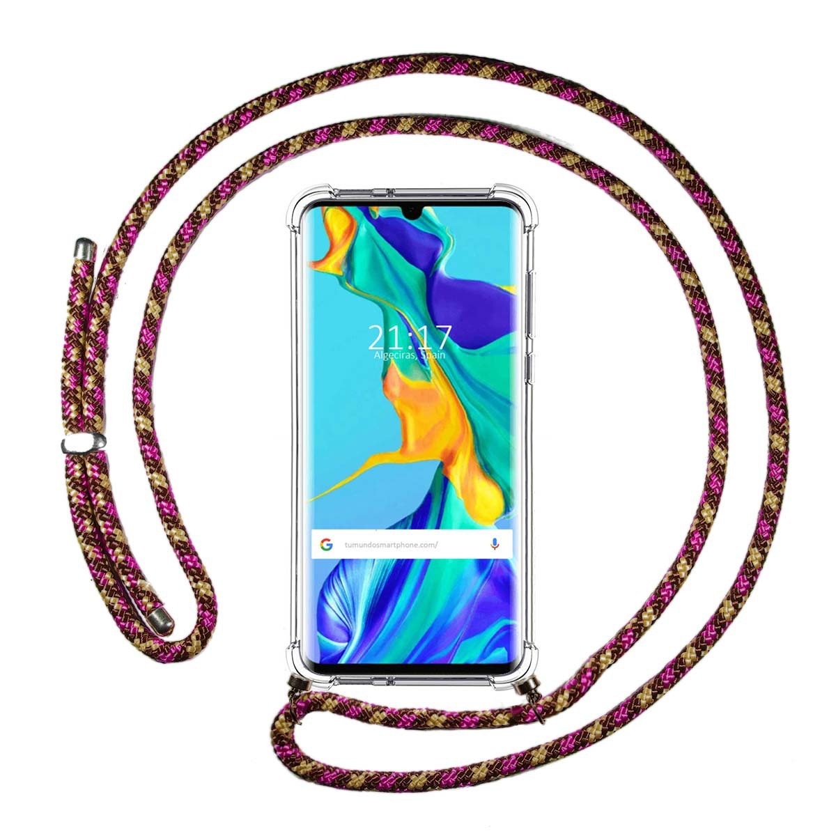 Funda Colgante Transparente para Huawei P30 Pro con Cordon Rosa / Dorado
