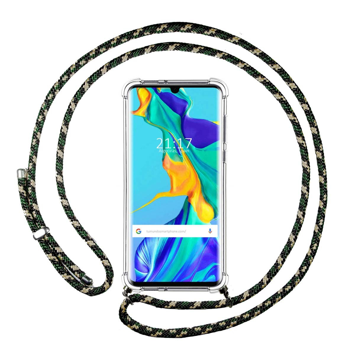 Funda Colgante Transparente para Huawei P30 Pro con Cordon Verde / Dorado