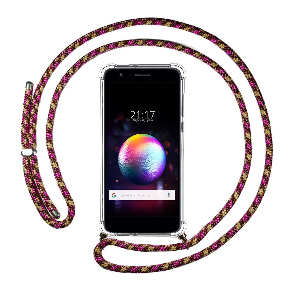 Funda Colgante Transparente para Lg K11 con Cordon Rosa / Dorado