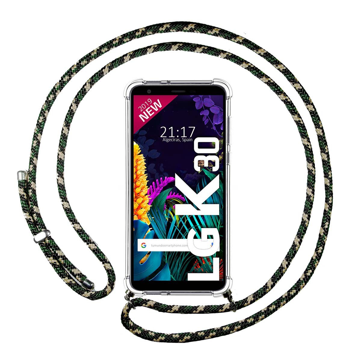 Funda Colgante Transparente para Lg K30 con Cordon Verde / Dorado