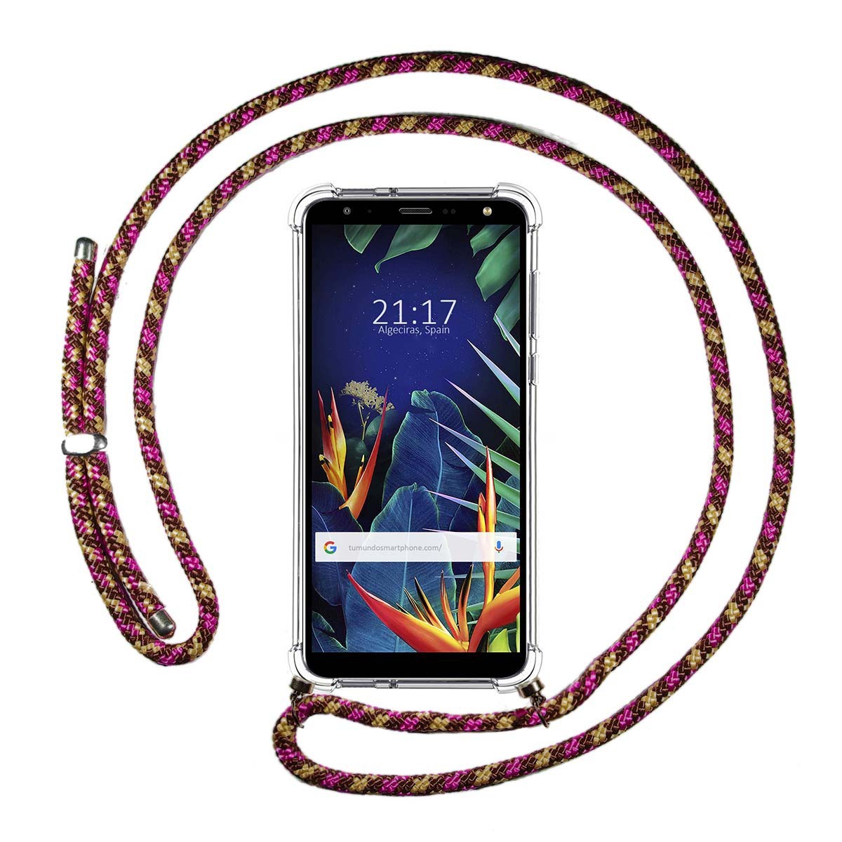 Funda Colgante Transparente para Lg K40 con Cordon Rosa / Dorado
