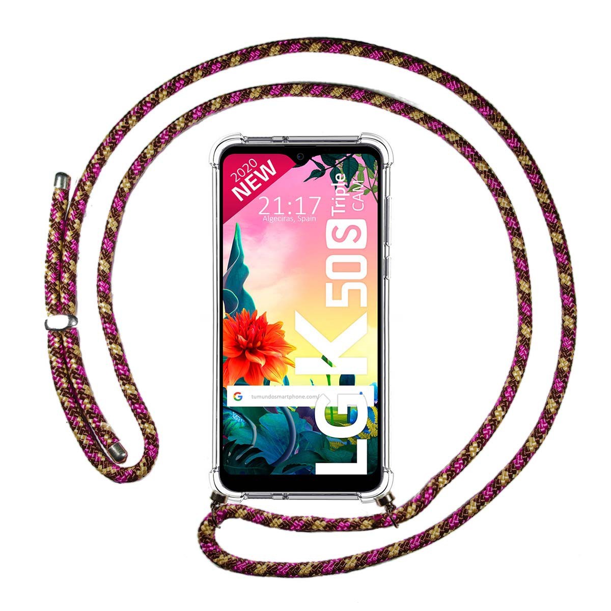 Funda Colgante Transparente para Lg K50S con Cordon Rosa / Dorado