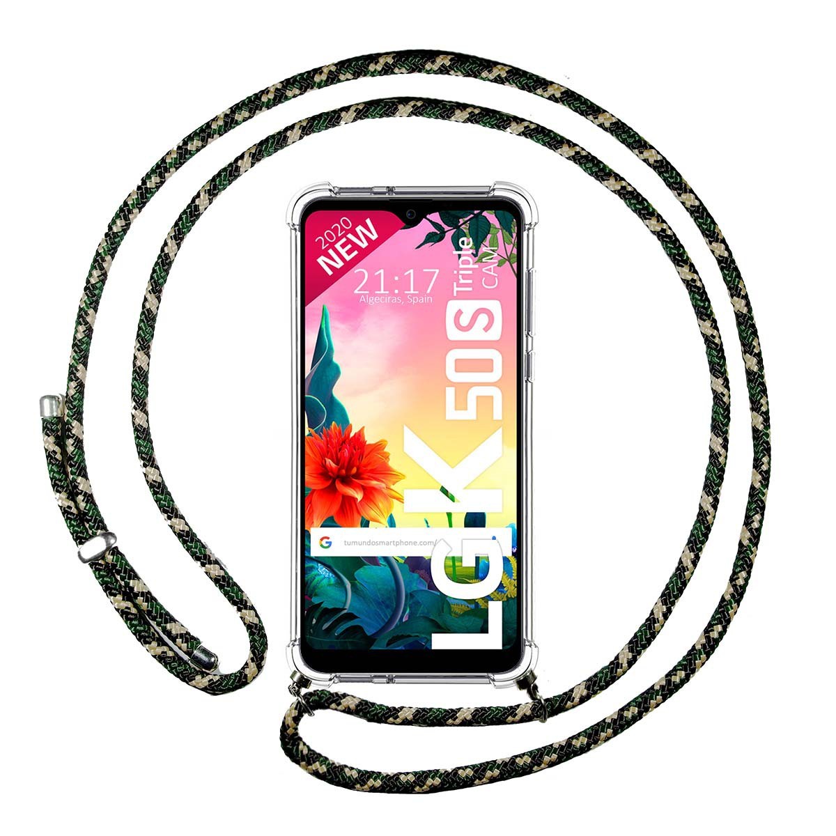 Funda Colgante Transparente para Lg K50S con Cordon Verde / Dorado