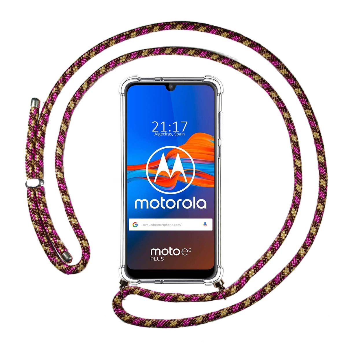 Funda Colgante Transparente para Motorola Moto E6 Plus con Cordon Rosa / Dorado