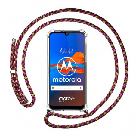 Funda Colgante Transparente para Motorola Moto E6 Plus con Cordon Rosa / Dorado