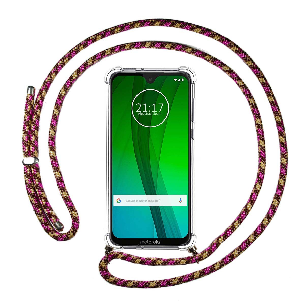 Funda Colgante Transparente para Motorola Moto G7 / G7 Plus con Cordon Rosa / Dorado