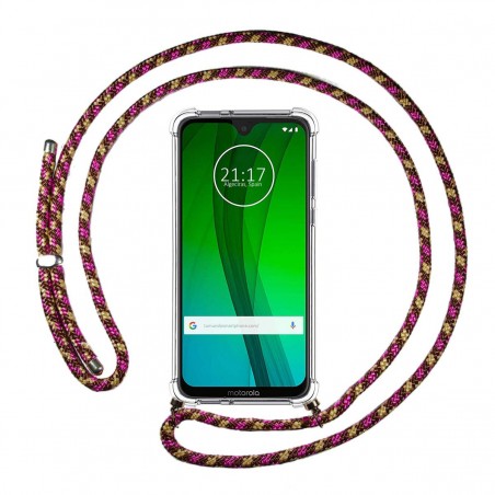 Funda Colgante Transparente para Motorola Moto G7 / G7 Plus con Cordon Rosa / Dorado