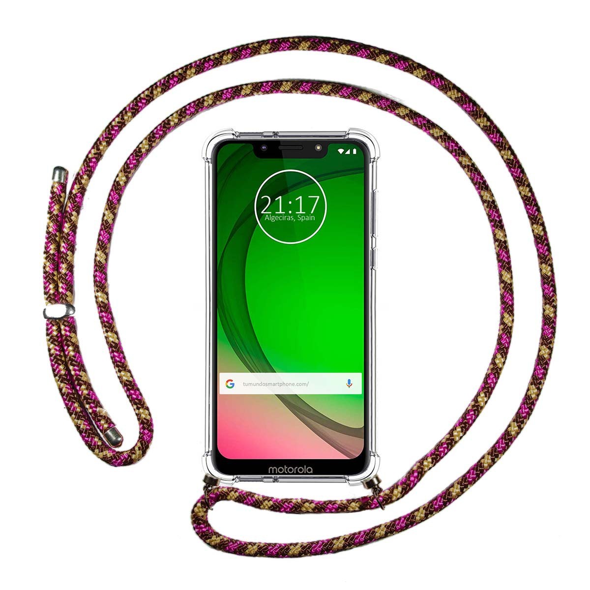 Funda Colgante Transparente para Motorola Moto G7 Play con Cordon Rosa / Dorado