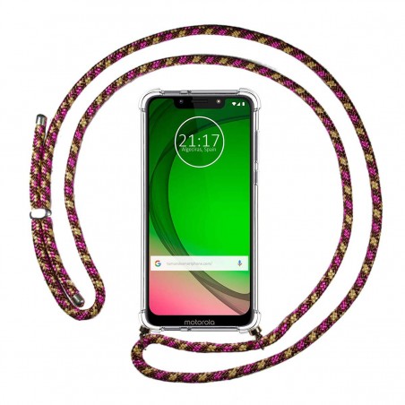 Funda Colgante Transparente para Motorola Moto G7 Play con Cordon Rosa / Dorado