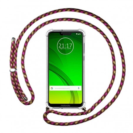Funda Colgante Transparente para Motorola Moto G7 Power con Cordon Rosa / Dorado