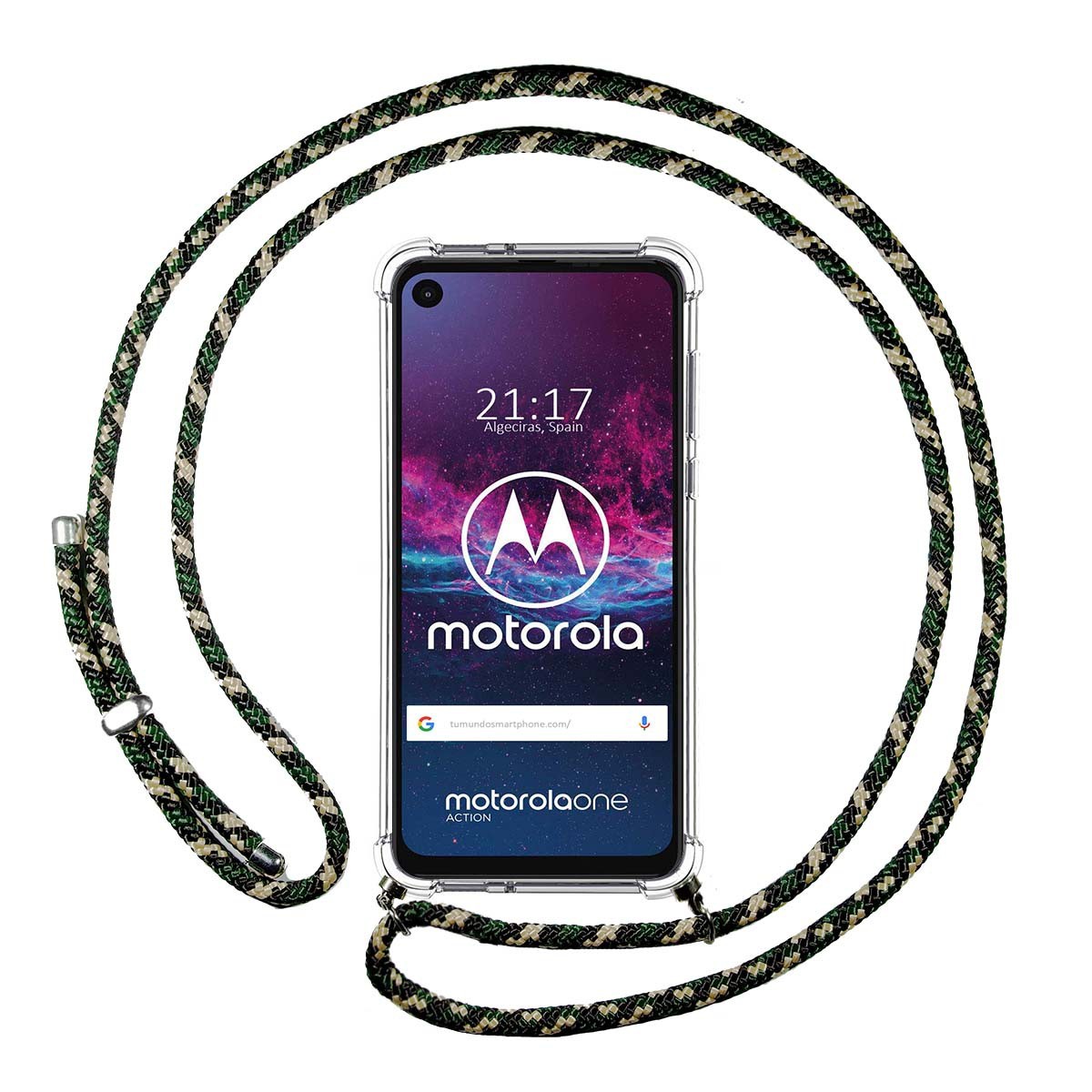 Funda Colgante Transparente para Motorola One Action con Cordon Verde / Dorado