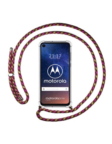Funda Colgante Transparente para Motorola One Vision con Cordon Rosa / Dorado