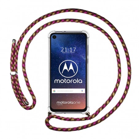 Funda Colgante Transparente para Motorola One Vision con Cordon Rosa / Dorado