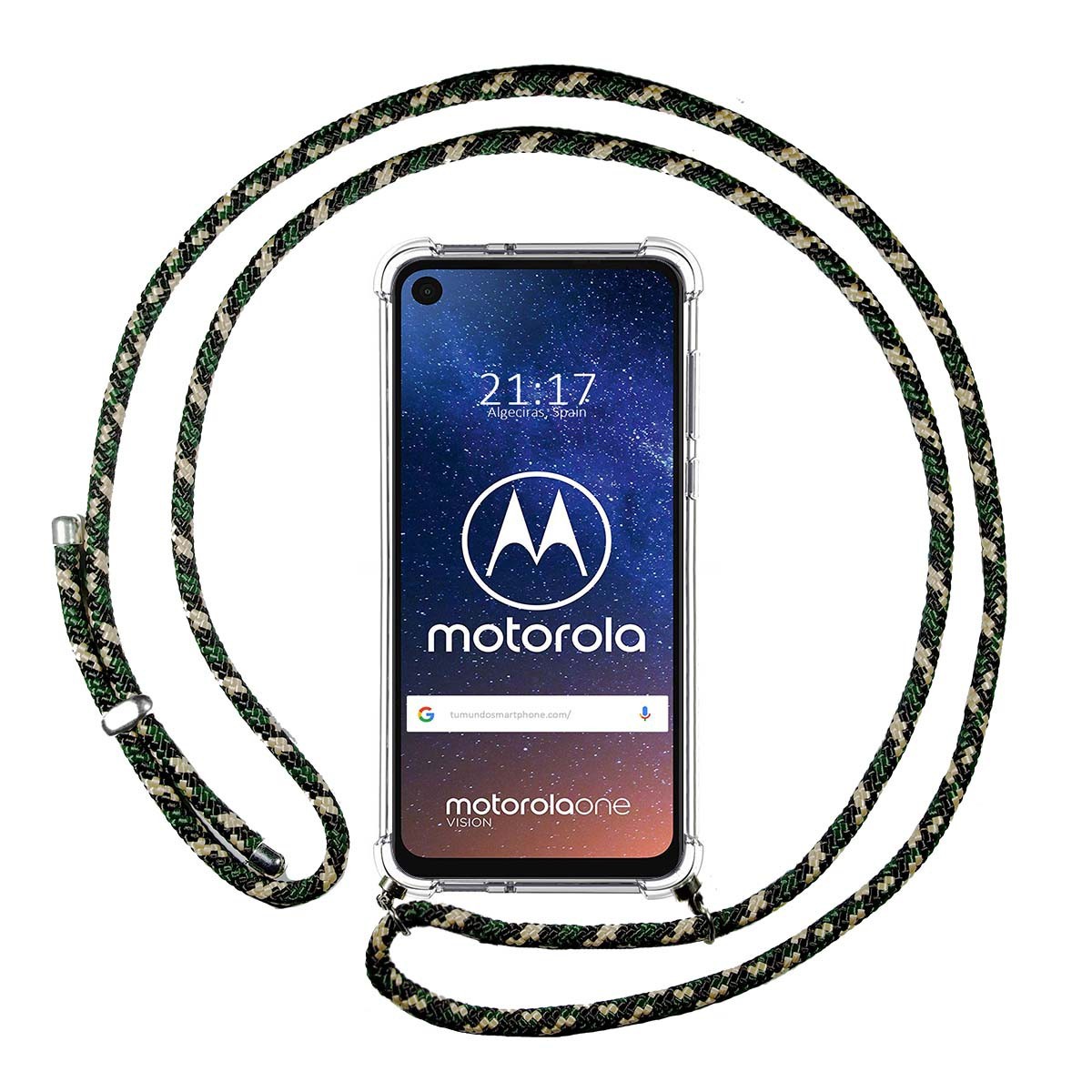 Funda Colgante Transparente para Motorola One Vision con Cordon Verde / Dorado