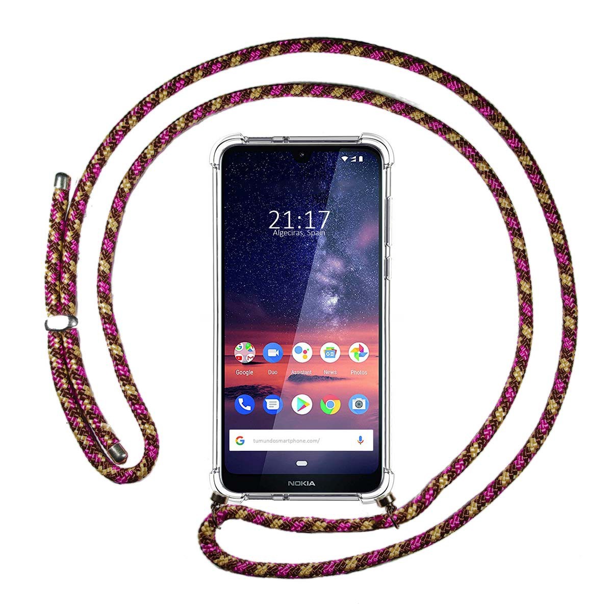 Funda Colgante Transparente para Nokia 3.2 con Cordon Rosa / Dorado