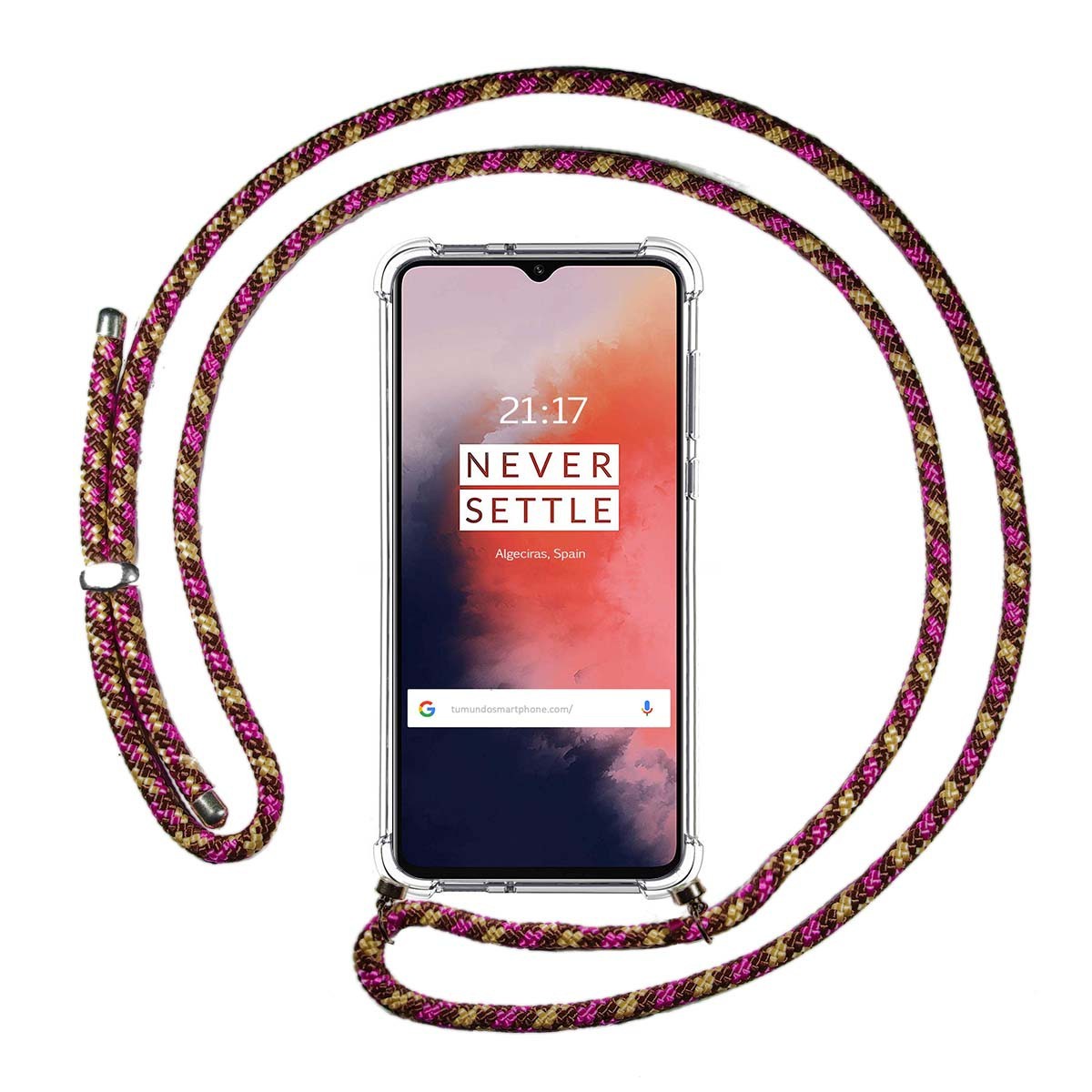 Funda Colgante Transparente para Oneplus 7T con Cordon Rosa / Dorado