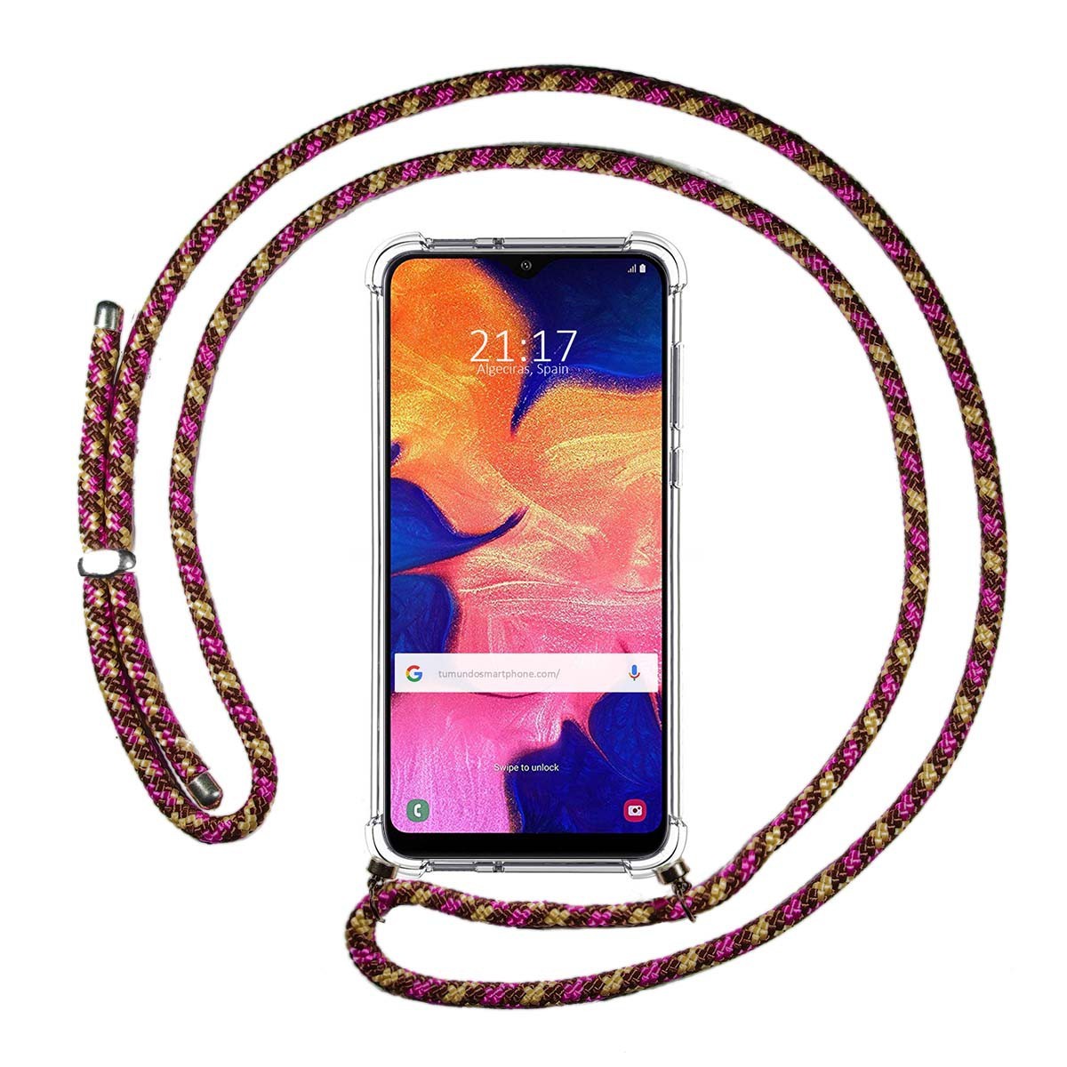 Funda Colgante Transparente para Samsung Galaxy A10 con Cordon Rosa / Dorado