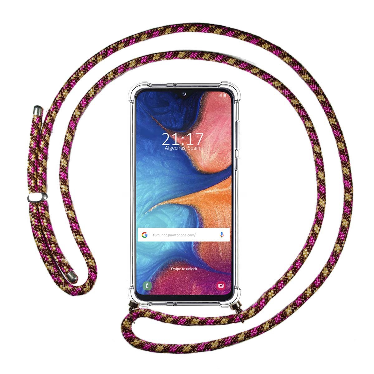 Funda Colgante Transparente para Samsung Galaxy A20e 5.8 con Cordon Rosa / Dorado