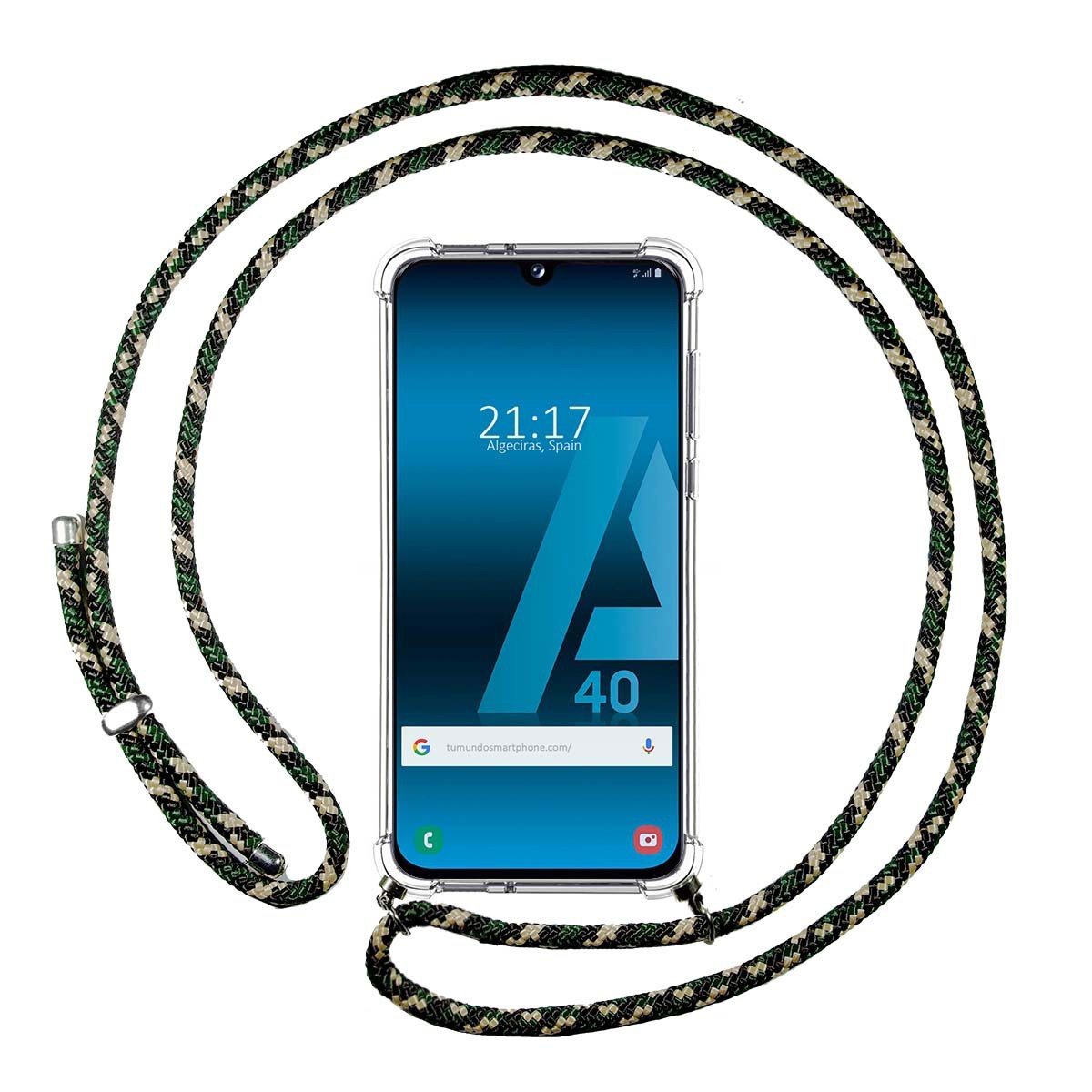 Funda Colgante Transparente para Samsung Galaxy A40 con Cordon Verde / Dorado