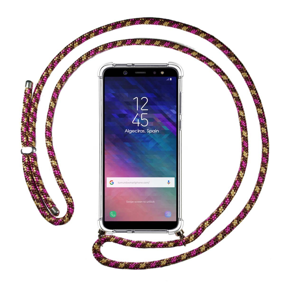 Funda Colgante Transparente para Samsung Galaxy A6 Plus (2018) con Cordon Rosa / Dorado