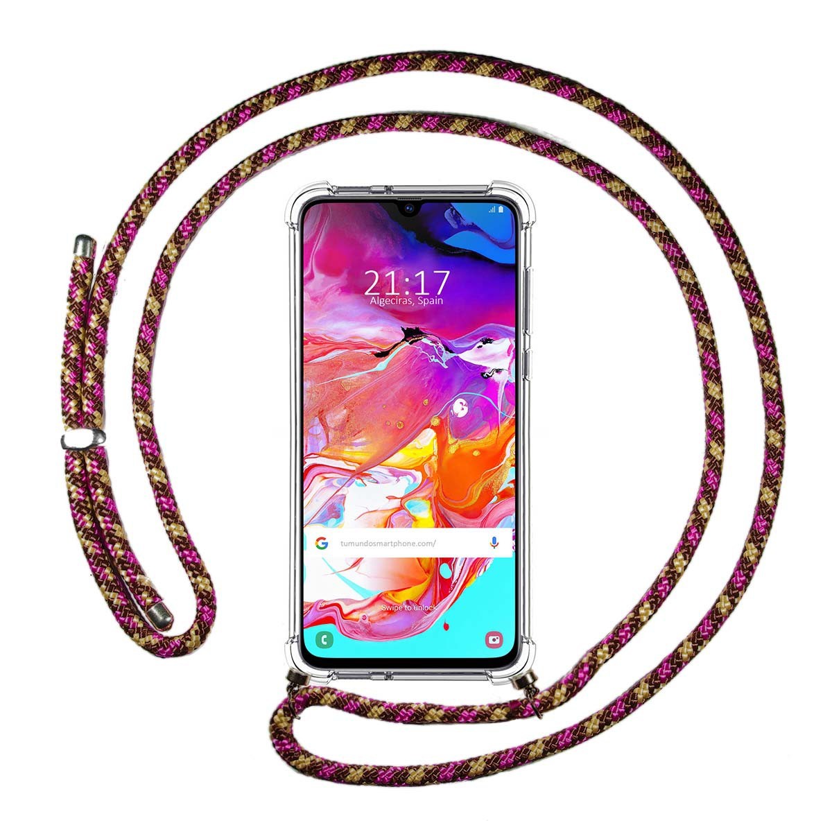 Funda Colgante Transparente para Samsung Galaxy A70 con Cordon Rosa / Dorado