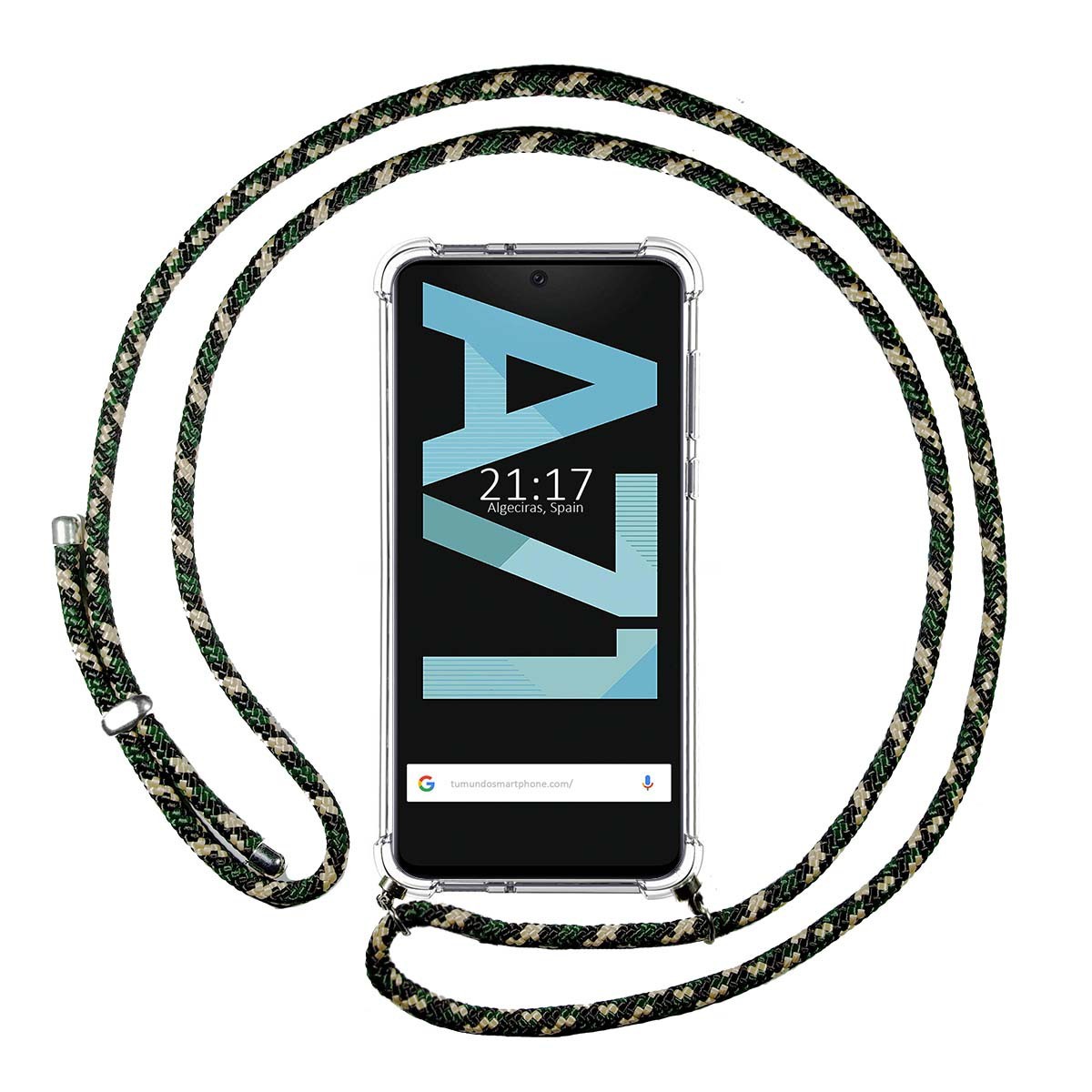 Funda Colgante Transparente para Samsung Galaxy A71 con Cordon Verde / Dorado